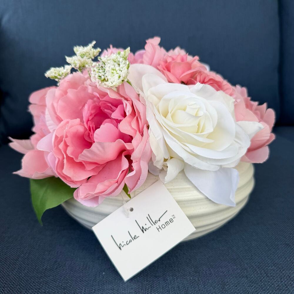 Nicole Miller Home Floral Arrangement Faux Pink Peonies White Roses Ceramic Bowl